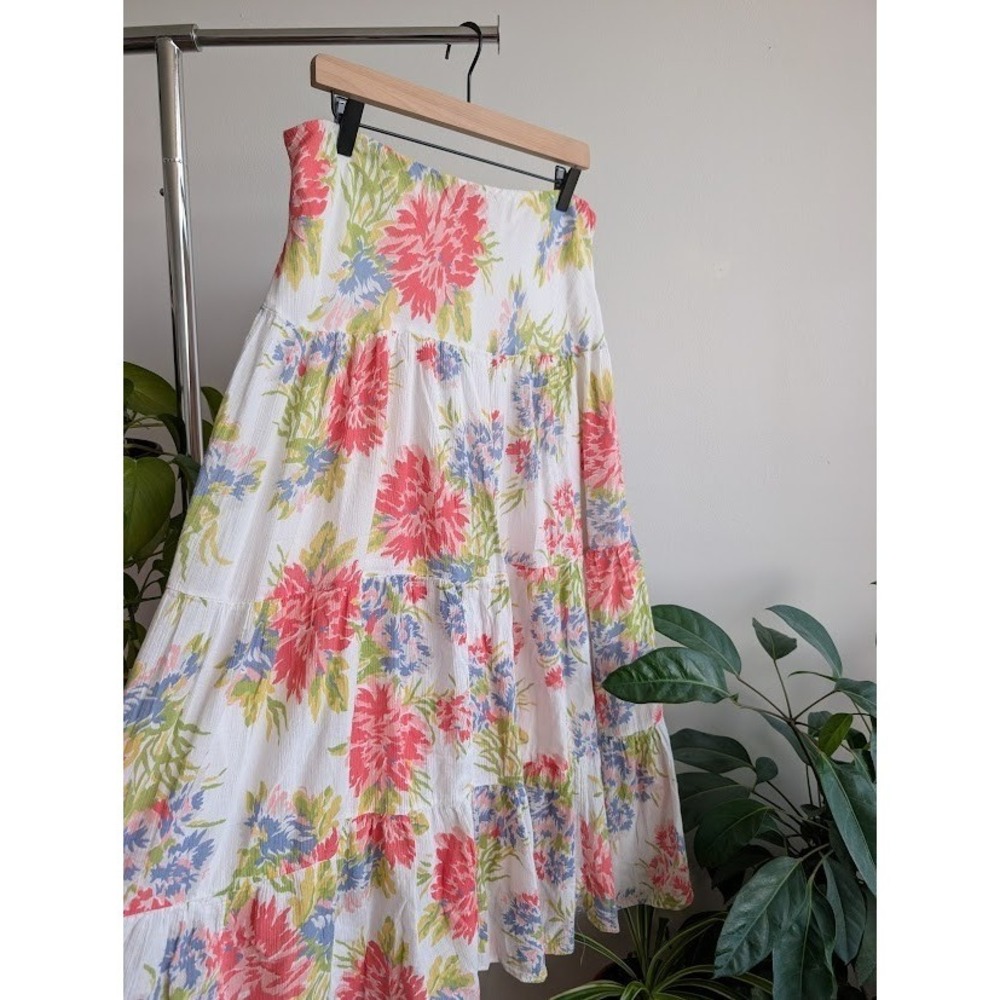 Vintage y2k Ralph Lauren maxi skirt L Chaps Tiered Floral Cottagecore Boho white